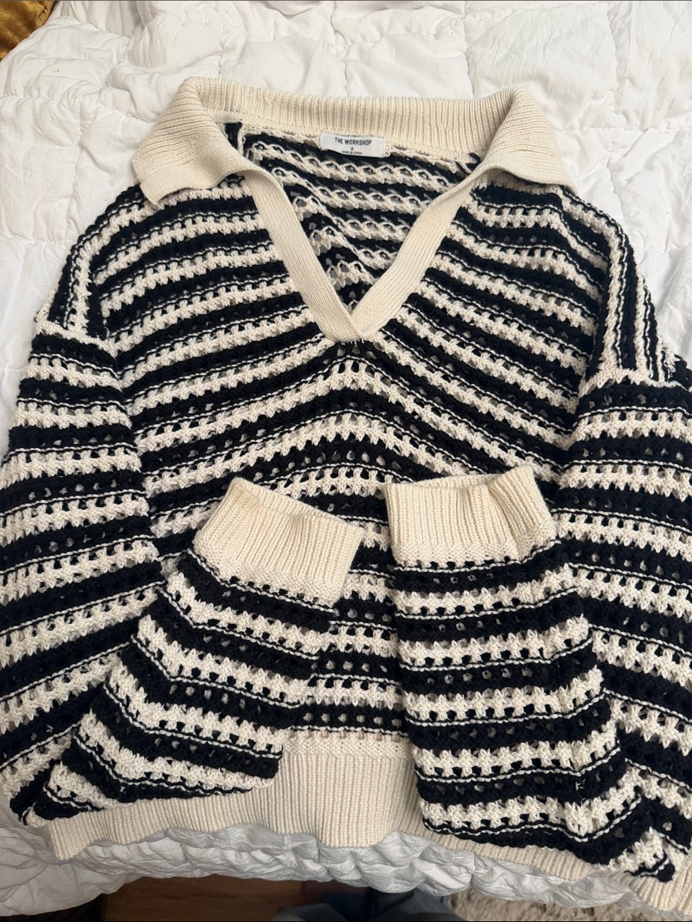 Workshop Republic Clothing Black and Cream Striped V-Neck Collared Sweater